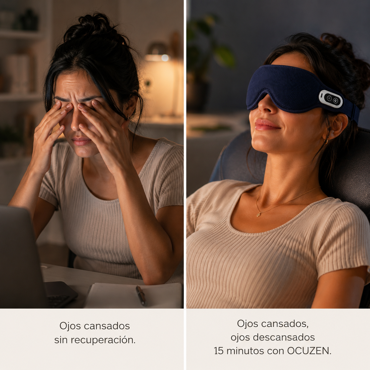 Antes: ojos cansados frente al computador. Despues: ojos descansados tras 15 minutos con OCUZEN